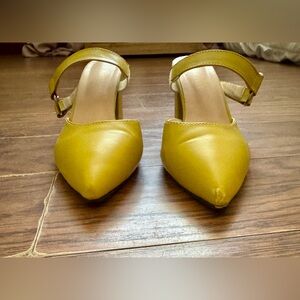 😍 3 for $20. Fashion yellow open back block heels with silver metal detailing